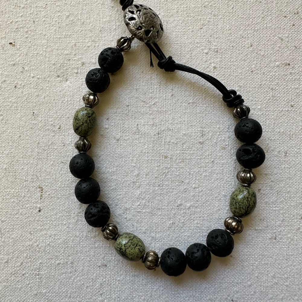 Elegant Black Lava Stone, Green Jasper and Sterling Silver Beaded Bracelet